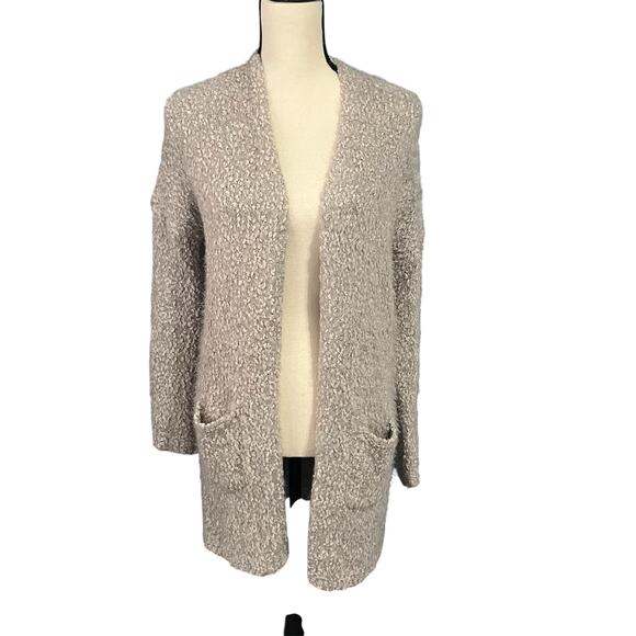 debut | Women's Neutral Gray Beige Fuzzy Eyelash Pockets Open Cardigan Sz M - Picture 1 of 4